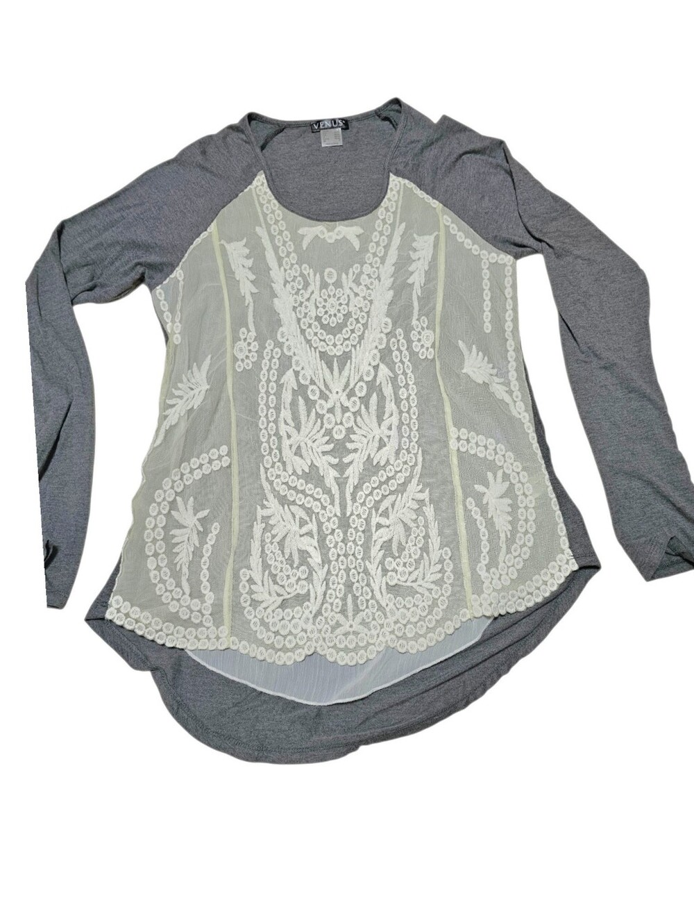 Venus Women’s Gray Long-Sleeve Top with White Lace Front Size Small
